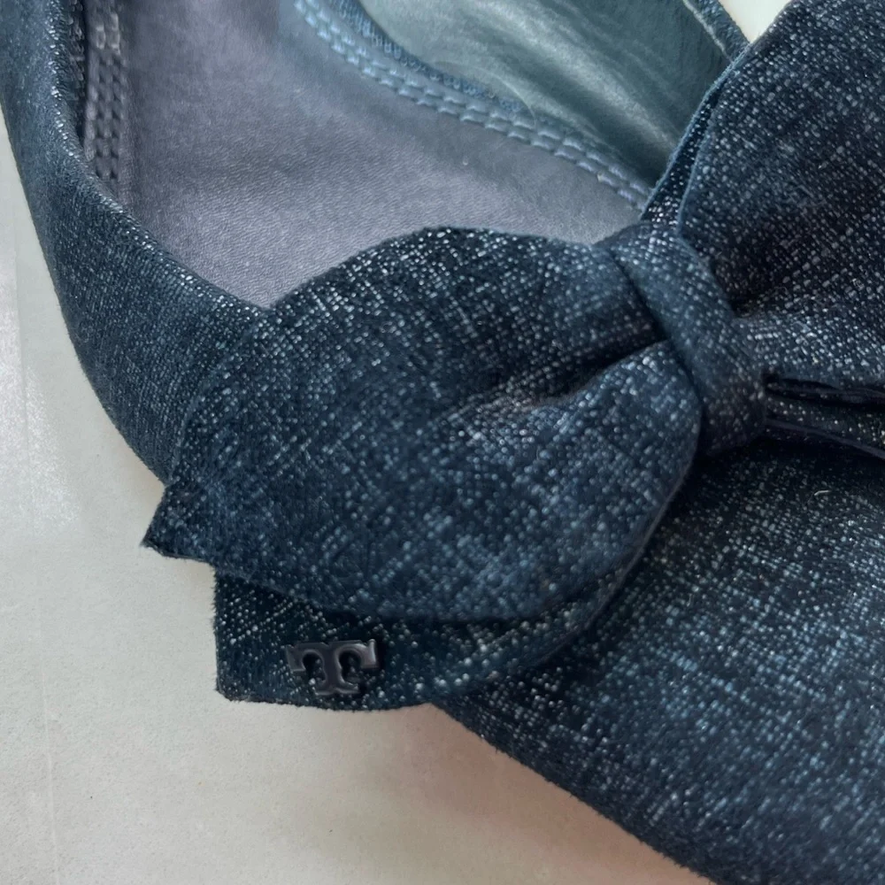 Tory Burch Navy Rosalind Pointed Toe Bow Flats sz 6.5